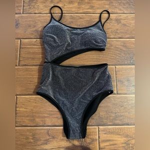 Aerie One Shoulder One Piece Swimsuit, Black sparkly shimmer, size M